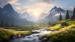 panoramic view of a mountain river in the Swiss Alps at sunset