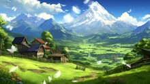 view of the village on the mountain slopes, seamless looping video background animation, cartoon style