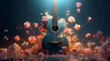 Abstract Composition With A Blue Guitar And Flowers On Dark Blue Background