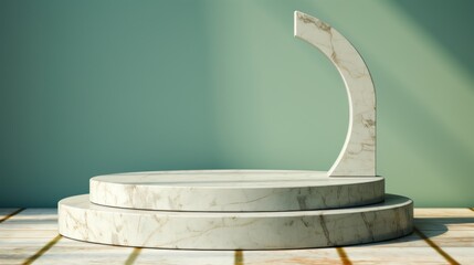 Empty marble podium on a mint green background with shade for product display