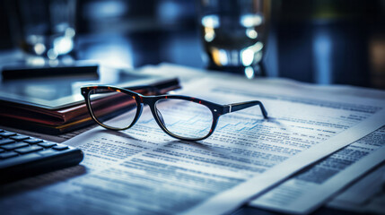 Wall Mural - Glasses on table with financial documents. City background. Stock market concept.