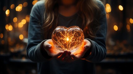 Wall Mural - Hands holding a heart with rays of light