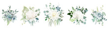 Silver Sage Green, Mint, Blue, White Flowers Vector Design Spring Bouquets. Peony, Rose, Dahlia, Hydrangea, Succulent