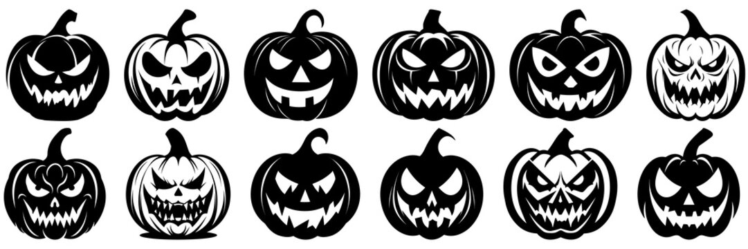 Halloween horror pumpkin silhouettes set, large pack of vector silhouette design, isolated white background