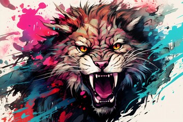 Wall Mural - Colorful illustration of an angry lion face