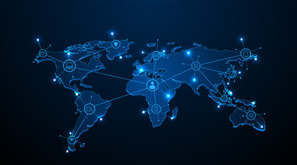 Fototapete - Global connection network background. World map. Internet technology concept or global communication.	