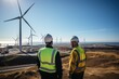 © olegganko - Construction workers standing in front of wind turbines