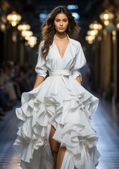 Sticker - A model wearing a white wedding dress on the runway