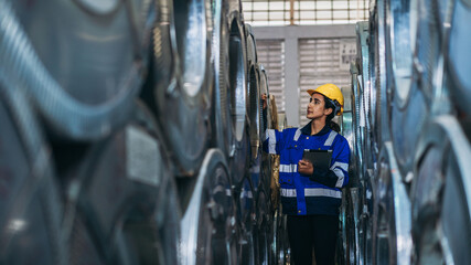 Sticker - Engineers Inspecting Machinery at Metal Sheet Factory. Foreman inspecting and check up machine. Industrial of metal roof roll sheet.