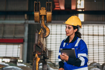 Sticker - Engineers Inspecting Machinery at Metal Sheet Factory. Foreman inspecting and check up machine. Industrial of metal roof roll sheet.