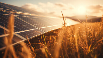 solar panels in a golden wheat field during sunset.