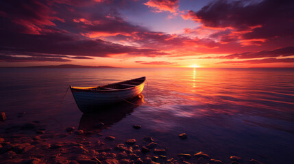 Wall Mural - The horizon burns with a fiery orange and deep magenta, as the sun dips below the ocean.
