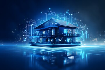 House with futuristic network connection technology big data. Blue neon background.