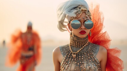 stylish fashionable woman at burning man dance music festival in desert, female model posing at nature