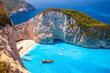 Navagio beach on a sunny day, the most famous natural landmark