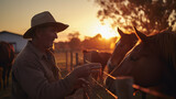 Fototapeta  - Dedicated farmer caring for majestic horses, ensuring their well-being in the farm stable