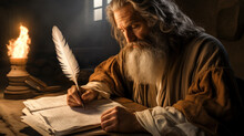 Apostle John Imprisoned On The Island Of Patmos Writing The Book Of Revelation Inspired By The Holy Spirit Generative AI Illustration