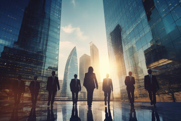 Double exposure of business people group office building in background