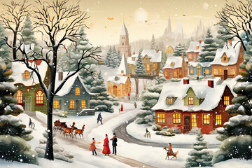 Winter village with carolers, horse-drawn carriages, and a festive atmosphere