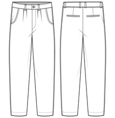 Wall Mural - Men's Casual chino trouser pant front and back view flat sketch fashion illustration cad drawing, slim fit denim jeans pants vector template