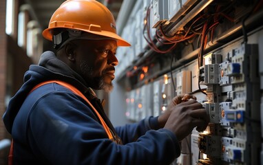 An electrician working on a electrical power socket on a building site. Generative AI