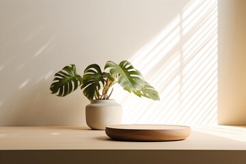 Canvas Print - Empty wooden pedestal on kitchen table before white brick wall