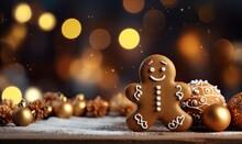 Gingerbread Man Sitting On A Wooden Table On Chrismas Background