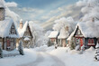 Winter village scene with quaint cottages covered in snow