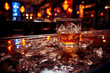 © XaMaps - Dramatic shattered whiskey glass and spilled liquor on dimly-lit, moody bar counter evoking tension, emotional turmoil and explosive clashes.