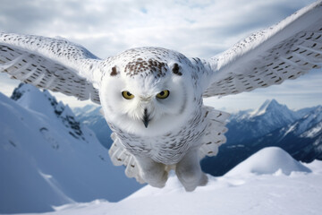 Wall Mural - Snowy owl in flight against a backdrop of a pristine snow-covered landscape