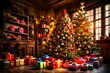 A group of colorful gift boxes piled under a beautifully lit Christmas tree.