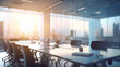 © Anna - Blurred modern conference room interior with city view and daylight.