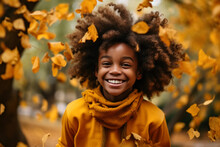 African American Girl With Afro Hairstyle Smiling And Walking In Autumn Park.
