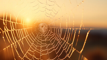 A sunlit spider web glistening in the sunlight
