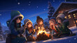 In a cozy winter wonderland, adorable anime characters in winter attire gather around a bonfire. Merry Christmas.