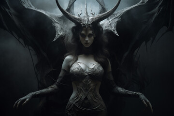 Wall Mural - Horror, fantasy, sci-fi, culture and religion, make-up concept. Evil and demonic looking woman with horns and make-up horror and fantasy portrait. Dark moody background. Generative AI