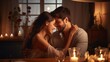 © JW Studio - Happy young couple in love hugging each other and drinking wine on the anniversary dating night, romantic dim light, decent dinner, with copy space, great for Valentine's night, dating night.