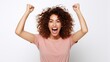 Happy young woman successful to get scholarship, clenches fists, accomplishes goal, exclaims finally victory, stands amused isolated on white background. Success, cheer and achievement concept
