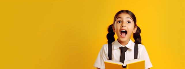 funny smiling Indian child school girl holding books in her hand and reading or singing aloud, isolated on yellow background, with copy space.