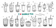 Big set of hand drawn bubble tea theme elements and lettering in doodle style. Boba milk tea, pearl milk tea and yummy drinks banner.  Tea with tapioca splashing liquid. Cute vector illustration 