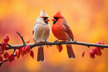 Pair Of Cardinal Birds In An Autumn Scene
