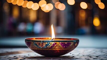 Happy Diwali - festival of lights colorful background with decorative Diya lamp and Rangoli, Generative AI