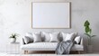 A Mockup poster blank frame, tastefully positioned on a marble wall, elevating the aesthetics of a modern bed, in perfect harmony with thoughtfully chosen furniture in a modern living room. Presented 