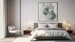 A Mockup poster frame, with timeless allure, hanging on a marble wall above a modern bed, creating an artistic focal point within a chic modern living room. Superlative