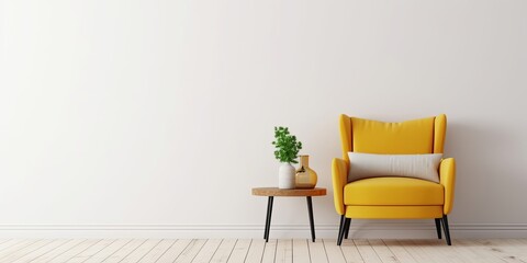 Wall Mural - Living room interior with yellow fabric armchair and table on empty white wall background, Generative AI 