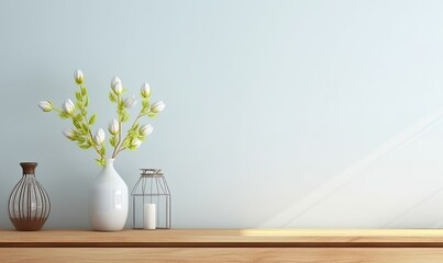 Wall Mural - Wall mock up with flower vase, light blue color wall and wooden cabinet, Generative AI 