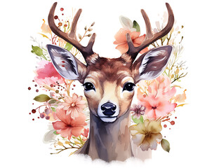 Watercolor deer with flowers illustration isolated on a white background