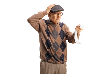 Poster - Elderly man looking at a bill and holding his head in disbelief