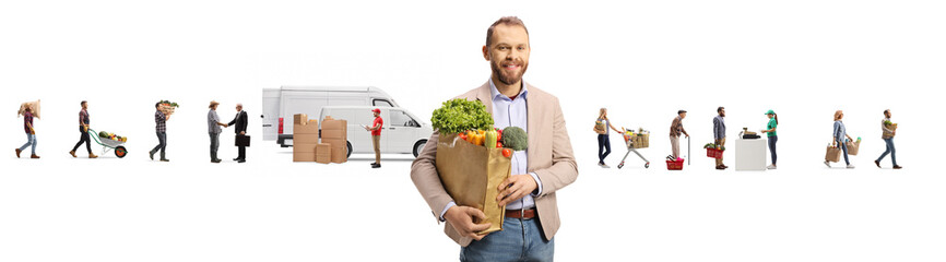 Poster - Farmers delivering food to the market and a male customer posing with a shopping bag