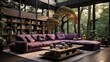 A purple sofa takes center stage in a room with a high ceiling, elevating the interior design of the modern living room